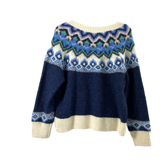 Womens Fair Isle Sweater Medium Petite Blue Wool Blend Pullover Long Sleeve - Picture 1 of 11